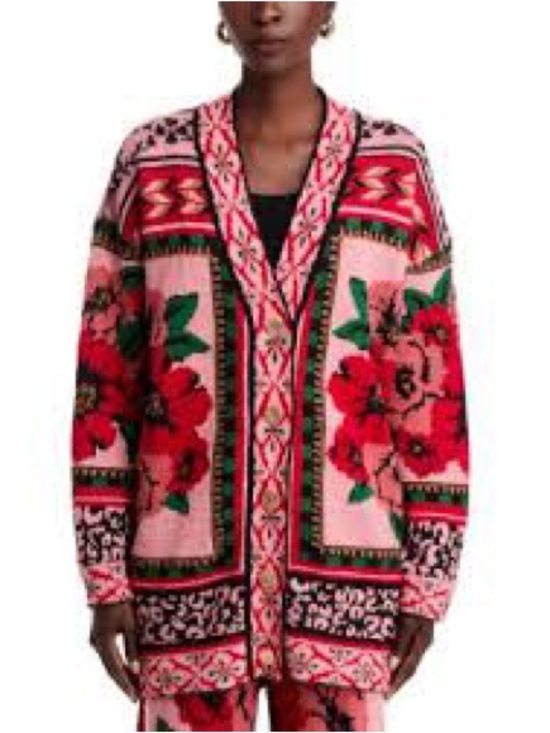 FARM Rio Sweaters - FARM Rio Pink Cardigan with Red Floral Patchwork